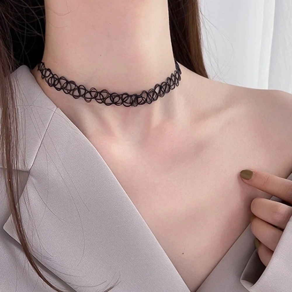 90’s Black Stretch Tattoo Choker Necklace - Unbranded